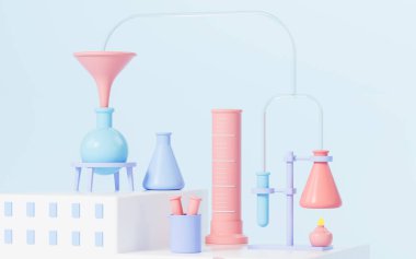 Chemical experimental equipment with blue background, 3d rendering. Computer digital drawing.