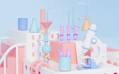 Microscope and other chemical experimental equipment on the stage, 3d rendering. Computer digital drawing.