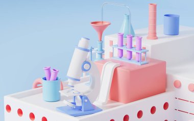 Microscope and other chemical experimental equipment on the stage, 3d rendering. Computer digital drawing.