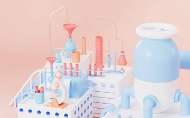Cartoon lab and experimental equipment with pink background, 3d rendering. Computer digital drawing.
