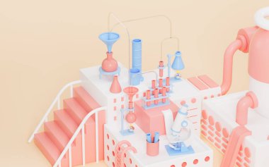 Cartoon lab and experimental equipment with yellow background, 3d rendering. Computer digital drawing.