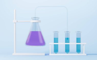 Conical flask is connected to the test tube through a pipe, 3d rendering. Computer digital drawing.