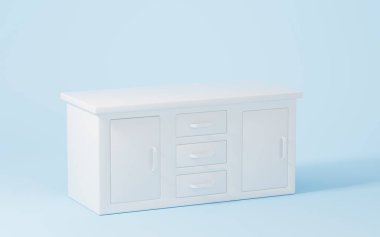 White empty desk with blue background, 3d rendering. Computer digital drawing.