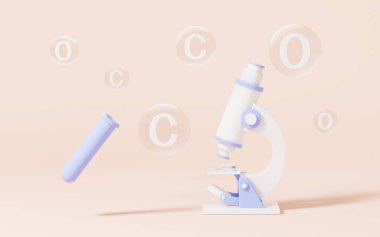 Microscope and test tube with pink background, 3d rendering. Computer digital drawing.