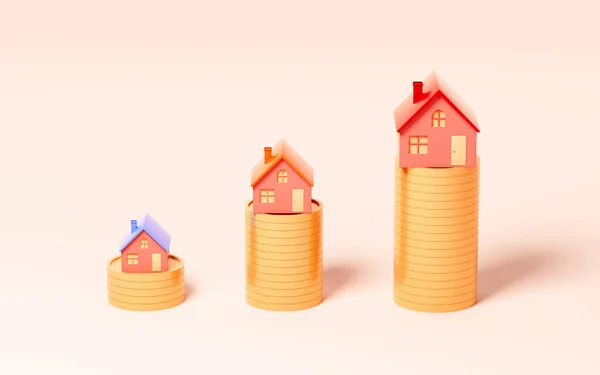 Houses on the coins, house price inflation, 3d rendering. Computer digital drawing.