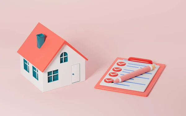 A house and contract with pink background, 3d rendering. Computer digital drawing.