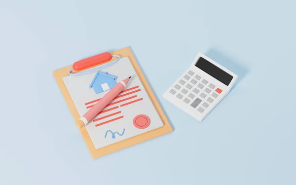 House lease, sale, mortgage contract and calculator with blue background, 3d rendering. Computer digital drawing.
