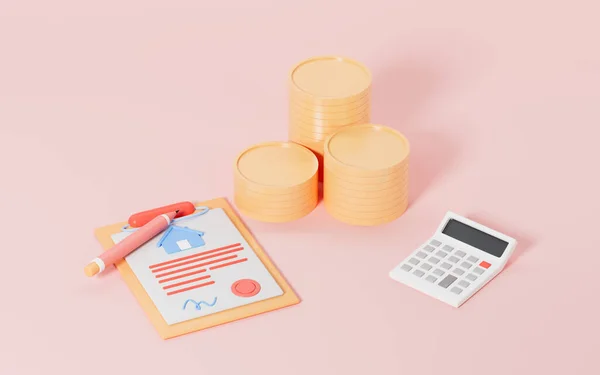 House lease, sale, mortgage contract and coins with pink background, 3d rendering. Computer digital drawing.