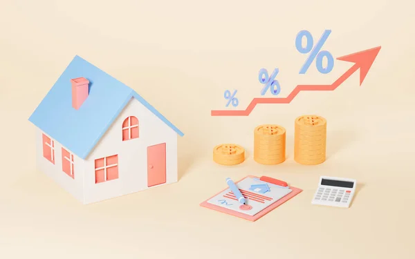Housing loan rates rise, a house and growth rate with yellow background, 3d rendering. Computer digital drawing.