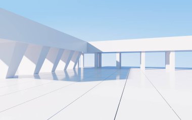 Beyaz soyut geometrik yapı, boş açık hava mimari sahnesi, 3 boyutlu tasarım. Bilgisayar dijital çizimi.