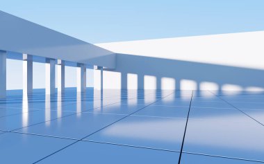 Beyaz soyut geometrik yapı, boş açık hava mimari sahnesi, 3 boyutlu tasarım. Bilgisayar dijital çizimi.