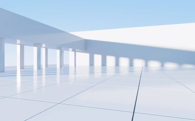 Beyaz soyut geometrik yapı, boş açık hava mimari sahnesi, 3 boyutlu tasarım. Bilgisayar dijital çizimi.