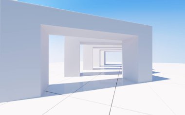 Beyaz soyut geometrik mimari, 3 boyutlu. Bilgisayar dijital çizimi.