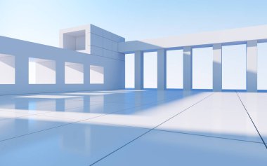 Beyaz soyut geometrik yapı, boş açık hava mimari sahnesi, 3 boyutlu tasarım. Bilgisayar dijital çizimi.