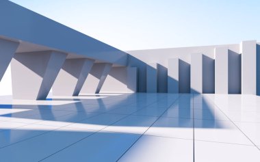 Gri soyut geometrik yapı, boş açık hava mimari sahnesi, 3 boyutlu tasarım. Bilgisayar dijital çizimi.