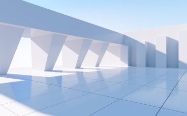 Beyaz soyut geometrik yapı, boş açık hava mimari sahnesi, 3 boyutlu tasarım. Bilgisayar dijital çizimi.