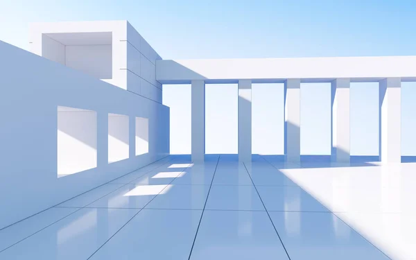 白い抽象幾何学的構造 空の屋外建築シーン 3Dレンダリング コンピュータ デジタル ドローイング — ストック写真