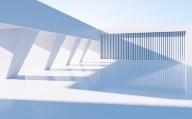 Beyaz soyut geometrik yapı, boş açık hava mimari sahnesi, 3 boyutlu tasarım. Bilgisayar dijital çizimi.