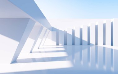 Beyaz soyut geometrik yapı, boş açık hava mimari sahnesi, 3 boyutlu tasarım. Bilgisayar dijital çizimi.