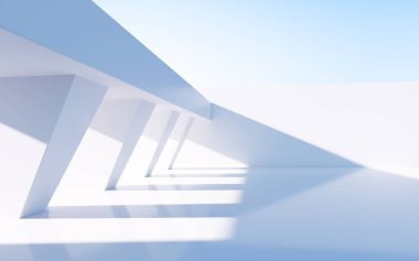 Beyaz soyut geometrik yapı, boş açık hava mimari sahnesi, 3 boyutlu tasarım. Bilgisayar dijital çizimi.