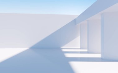 Beyaz soyut geometrik yapı, boş açık hava mimari sahnesi, 3 boyutlu tasarım. Bilgisayar dijital çizimi.
