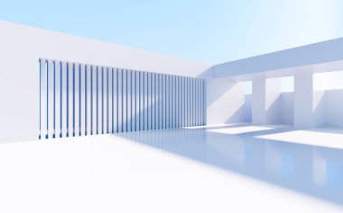 Beyaz soyut geometrik yapı, boş açık hava mimari sahnesi, 3 boyutlu tasarım. Bilgisayar dijital çizimi.