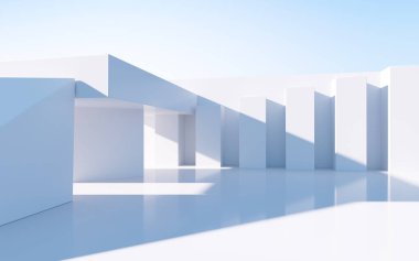 Beyaz soyut geometrik yapı, boş açık hava mimari sahnesi, 3 boyutlu tasarım. Bilgisayar dijital çizimi.