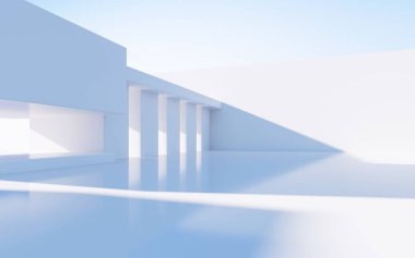 Beyaz soyut geometrik yapı, boş açık hava mimari sahnesi, 3 boyutlu tasarım. Bilgisayar dijital çizimi.
