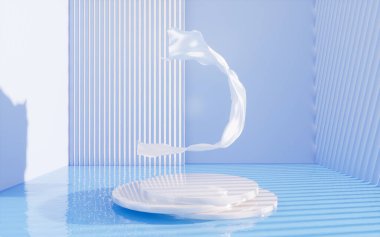 İç geometrik mimarisi olan akıcı kumaş ve sahne, 3 boyutlu tasarım. Bilgisayar dijital çizimi.