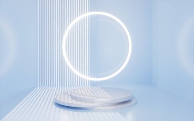 Boş sahne ve iç mimarisi olan parlak bir halka, 3 boyutlu tasarım. Bilgisayar dijital çizimi.