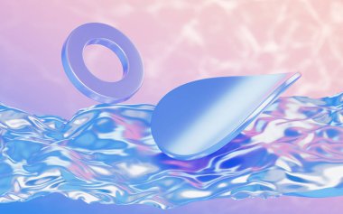 Soyut akışkan kumaş ve soyut geometrik şekiller, üç boyutlu görüntüleme. Bilgisayar dijital çizimi.