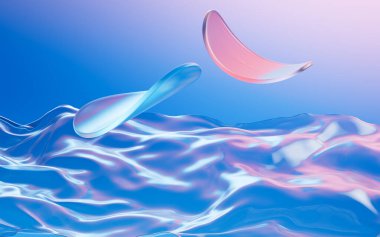 Şeffaf akıcı kumaş ve soyut geometrik şekiller, üç boyutlu görüntüleme. Bilgisayar dijital çizimi.