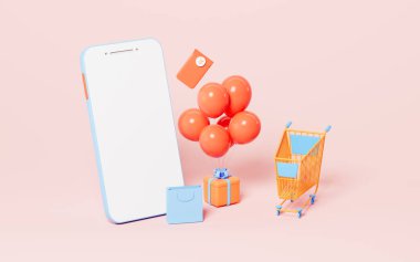 Cep telefonuyla canlı yayın, internetten alışveriş ve indirim, 3D görüntüleme. Bilgisayar dijital çizimi.