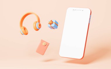 Çizgi film tarzı cep telefonu canlı yayın ve mikrofon, 3D görüntüleme. Bilgisayar dijital çizimi.