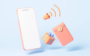 Cep telefonu ve kırmızı paketle canlı yayın, 3D görüntüleme. Bilgisayar dijital çizimi.