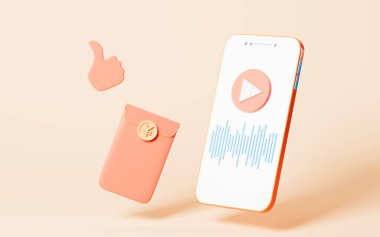 Cep telefonu ve kırmızı paketle canlı yayın, 3D görüntüleme. Bilgisayar dijital çizimi.