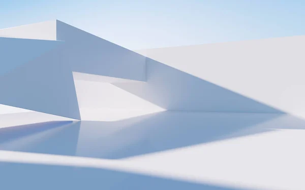 Beyaz soyut geometrik yapı, boş açık hava mimari sahnesi, 3 boyutlu tasarım. Bilgisayar dijital çizimi.