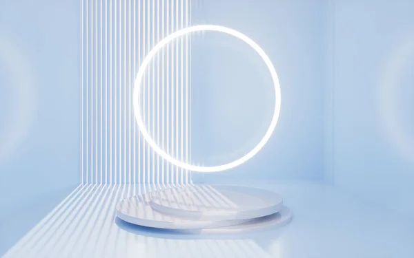 Boş sahne ve iç mimarisi olan parlak bir halka, 3 boyutlu tasarım. Bilgisayar dijital çizimi.
