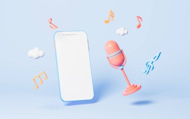 Çizgi film tarzı cep telefonu canlı yayın ve mikrofon, 3D görüntüleme. Bilgisayar dijital çizimi.