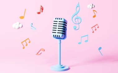 Mor arkaplanda karikatür mikrofon ve notalar, 3D görüntüleme. Bilgisayar dijital çizimi.