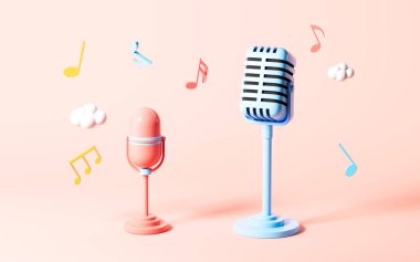 Turuncu arka planda iki farklı tarz mikrofon, üç boyutlu görüntüleme. Bilgisayar dijital çizimi.