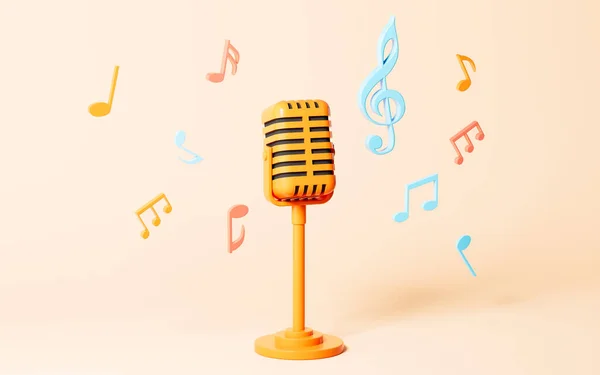 Microfone Dos Desenhos Animados Notas Música Fundo Amarelo Renderização Desenho — Fotografia de Stock