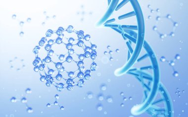 DNA ve moleküler yapı, biyoteknoloji konsepti, 3D görüntüleme. Bilgisayar dijital çizimi.