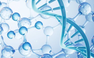 DNA ve moleküler yapı, biyoteknoloji konsepti, 3D görüntüleme. Bilgisayar dijital çizimi.