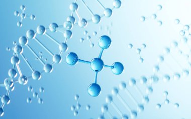 DNA ve moleküler yapı, biyoteknoloji konsepti, 3D görüntüleme. Bilgisayar dijital çizimi.
