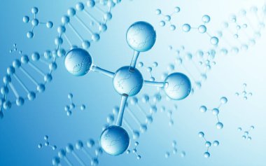 DNA ve moleküler yapı, biyoteknoloji konsepti, 3D görüntüleme. Bilgisayar dijital çizimi.