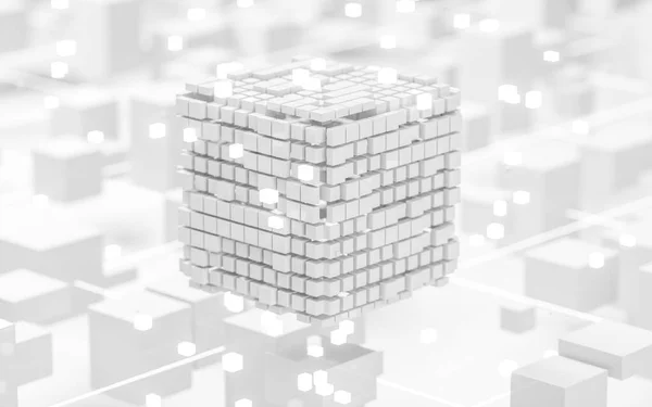 Abstrato Brilhante Cubos Linhas Circuitos Materiais Renderização Desenho Digital Computador — Fotografia de Stock