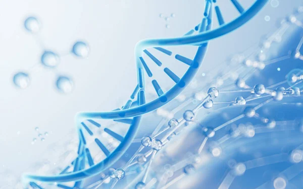 DNA ve moleküler yapı, biyoteknoloji konsepti, 3D görüntüleme. Bilgisayar dijital çizimi.