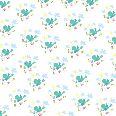 Kusursuz desen. Çiçekli, yapraklı ve güneşli bir kuşun portresi. Sevgililer günü için desen, yatak çarşafları, örtülü yatak, bebek pijamaları, baskı, ambalaj, dekorasyon, duvar kağıdı ve tasarım