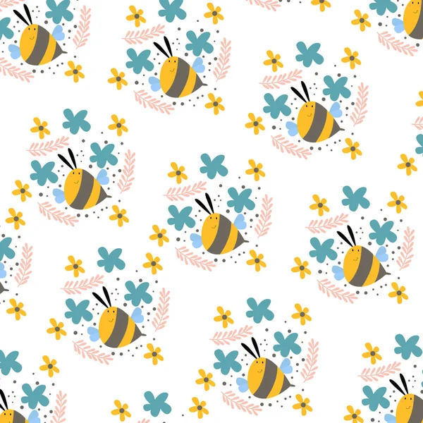 Χαριτωμένο Μοτίβο Μέλισσα Μεταξύ Των Διαφόρων Λουλουδιών Σχέδιο Για Valentine — Διανυσματικό Αρχείο
